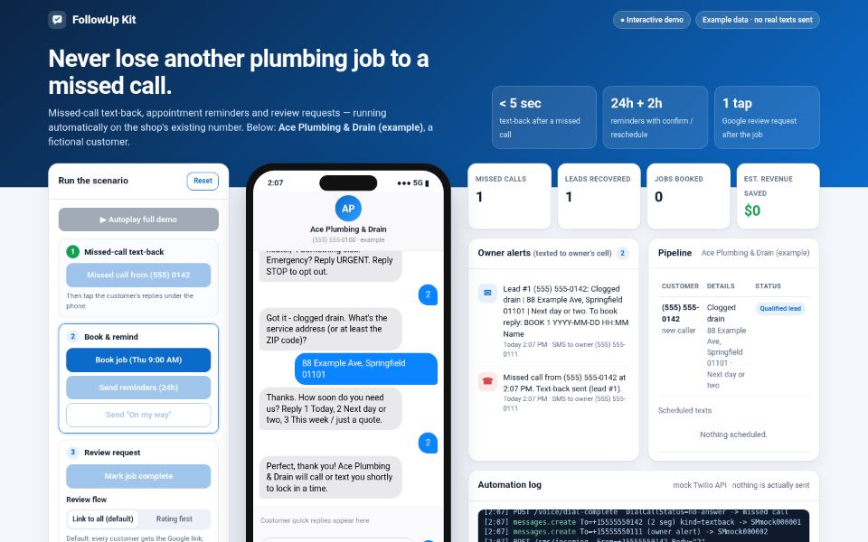 Screenshot of the interactive demo: customer phone with text-back conversation and the owner dashboard